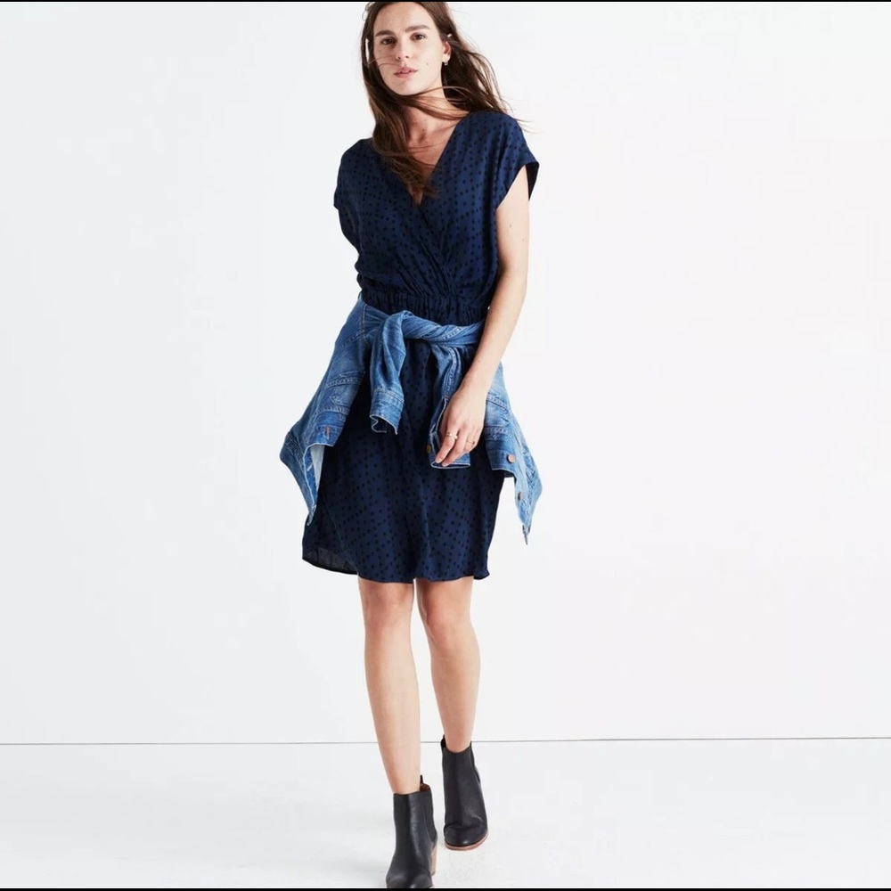 Madewell Black + Blue Brushstroke Diamond Wrap Front Dress